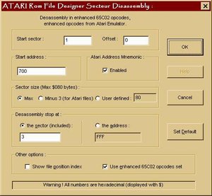 Atari Rom File Designer Disassembly Parameters DialogBox Screenshot